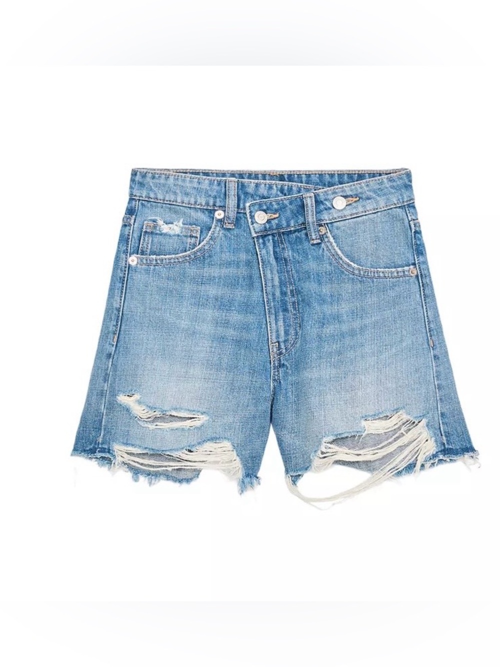 ZARA HIGH-RISE CROSS WAIST MON
FIT TRF DENIM SHORTS 
31 (US 12)  Color: INDIGO